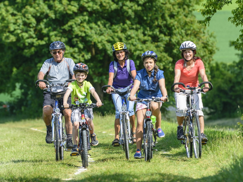 Gemeinsame Familienzeit beim Radfahren an der Donauschlinge Glückliche Familie bei einer Radtour auf dem Donauradweg direkt bei der Schlögener Schlinge in Oberösterreich