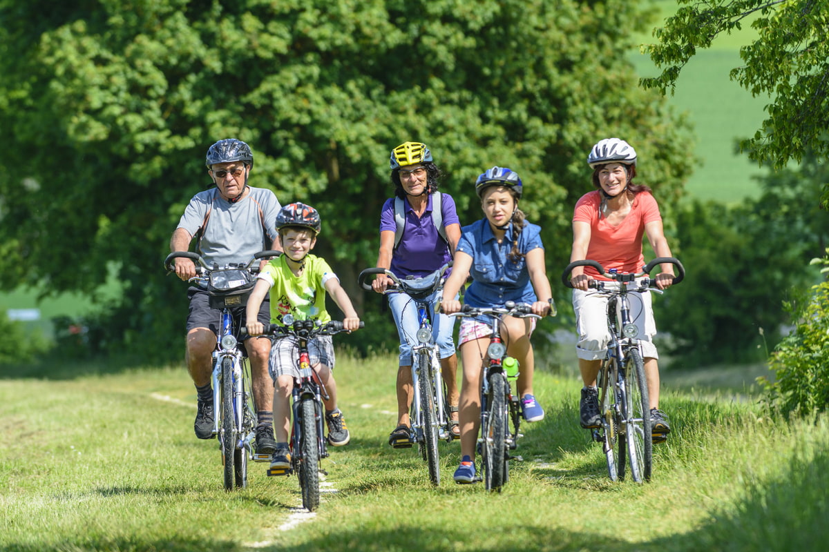 Gemeinsame Familienzeit beim Radfahren an der Donauschlinge Glückliche Familie bei einer Radtour auf dem Donauradweg direkt bei der Schlögener Schlinge in Oberösterreich