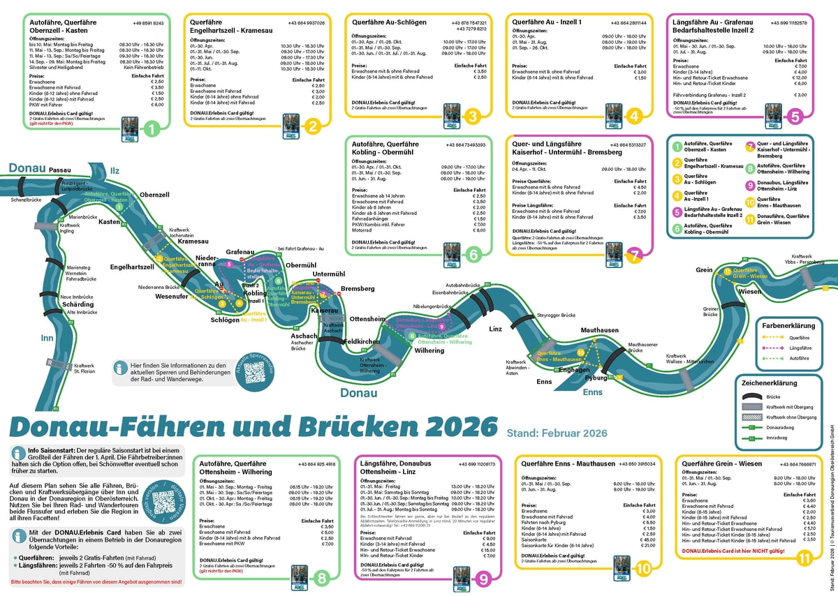 Karte und Plan der Fähren und Brücken entlang der Donau in Oberösterreich 2025