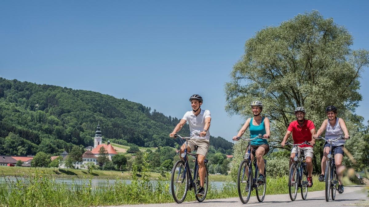 Radfahrer fahren auf dem Donauradweg entlang der Donau im Oberen Donautal